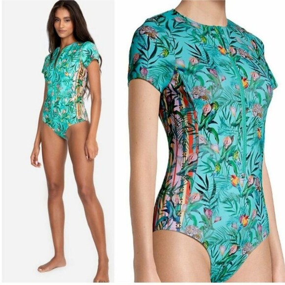 Johnny Was Taina Animal Tropical Neoprene Short Sleeve One-Piece Swimsuit Small - Picture 3 of 13